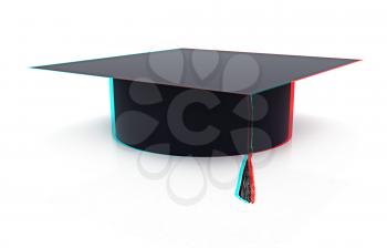 Graduation hat on a white background. 3D illustration. Anaglyph. View with red/cyan glasses to see in 3D.