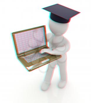 3d man in graduation hat with laptop on a white background. 3D illustration. Anaglyph. View with red/cyan glasses to see in 3D.