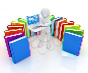 3d man sitting on books and working at his laptop on a white background. 3D illustration. Anaglyph. View with red/cyan glasses to see in 3D.