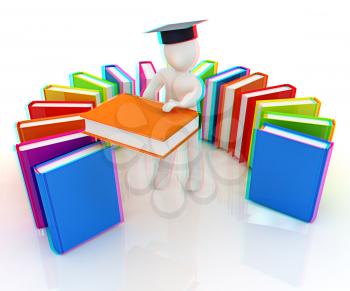 3d white man in a graduation hat with useful books - best gift a student on a white background. 3D illustration. Anaglyph. View with red/cyan glasses to see in 3D.