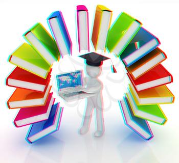 Colorful books like the rainbow and 3d man in a graduation hat with laptop on a white background. 3D illustration. Anaglyph. View with red/cyan glasses to see in 3D.