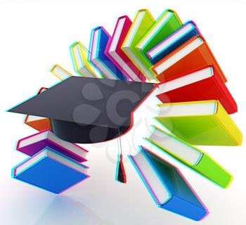 Colorful books like the rainbow and graduation hat on a white background. 3D illustration. Anaglyph. View with red/cyan glasses to see in 3D.
