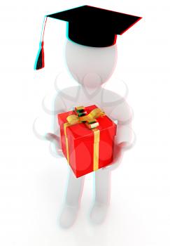 3d man in graduation hat with gift. 3D illustration. Anaglyph. View with red/cyan glasses to see in 3D.