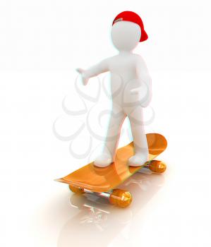 3d white person with a skate and a cap. 3d image on a white background. 3D illustration. Anaglyph. View with red/cyan glasses to see in 3D.
