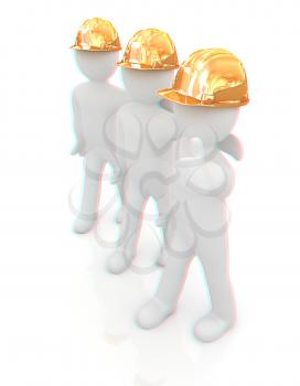 3d mans in a hard hat with thumb up. On a white background . 3D illustration. Anaglyph. View with red/cyan glasses to see in 3D.