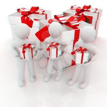 3d mans and gifts with red ribbon on a white background . 3D illustration. Anaglyph. View with red/cyan glasses to see in 3D.