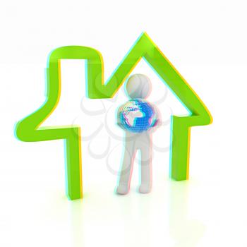 3d man, house icon and earth. 3D illustration. Anaglyph. View with red/cyan glasses to see in 3D.