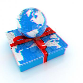 earth for gift on a white background. 3D illustration. Anaglyph. View with red/cyan glasses to see in 3D.