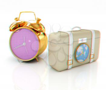 Suitcases for travel and clock. 3D illustration. Anaglyph. View with red/cyan glasses to see in 3D.