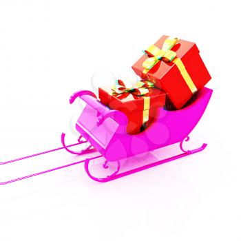 Christmas Santa sledge with gifts on a white background . 3D illustration. Anaglyph. View with red/cyan glasses to see in 3D.