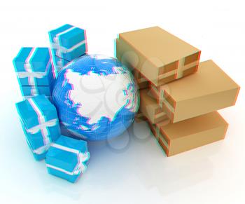 Cardboard boxes, gifts and earth on a white background. 3D illustration. Anaglyph. View with red/cyan glasses to see in 3D.
