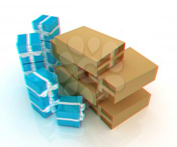 Cardboard boxes and gifts on a white background. 3D illustration. Anaglyph. View with red/cyan glasses to see in 3D.