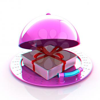 Illustration of a luxury gift on restaurant cloche on a white background . 3D illustration. Anaglyph. View with red/cyan glasses to see in 3D.