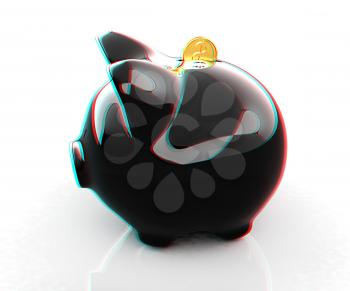 Glossy black piggybank. 3D illustration. Anaglyph. View with red/cyan glasses to see in 3D.