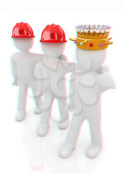 3d people - man, person with a golden crown. King with person with a hard hat. 3D illustration. Anaglyph. View with red/cyan glasses to see in 3D.