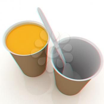 Orange juice in a fast food dishes. 3D illustration. Anaglyph. View with red/cyan glasses to see in 3D.