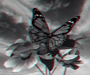 Beautiful Cosmos Flower and butterfly against the sky. 3D illustration. Anaglyph. View with red/cyan glasses to see in 3D.