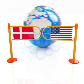 Three-dimensional image of the turnstile and flags of Denmark and USA on a white background . 3D illustration. Anaglyph. View with red/cyan glasses to see in 3D.
