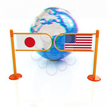 Three-dimensional image of the turnstile and flags of USA and Japan on a white background . 3D illustration. Anaglyph. View with red/cyan glasses to see in 3D.
