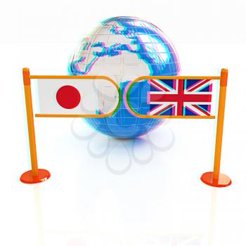 Three-dimensional image of the turnstile and flags of UK and Japan on a white background . 3D illustration. Anaglyph. View with red/cyan glasses to see in 3D.