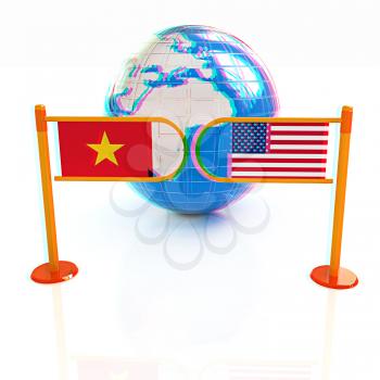 Three-dimensional image of the turnstile and flags of USA and Vietnam on a white background . 3D illustration. Anaglyph. View with red/cyan glasses to see in 3D.