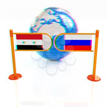 Three-dimensional image of the turnstile and flags of Russia and Syria on a white background . 3D illustration. Anaglyph. View with red/cyan glasses to see in 3D.