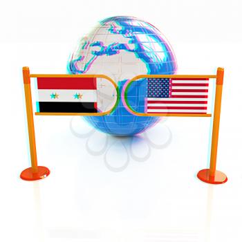 Three-dimensional image of the turnstile and flags of USA and Syria on a white background . 3D illustration. Anaglyph. View with red/cyan glasses to see in 3D.