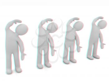 3d mans isolated on white. Series: morning exercises - flexibility exercises and stretching . 3D illustration. Anaglyph. View with red/cyan glasses to see in 3D.