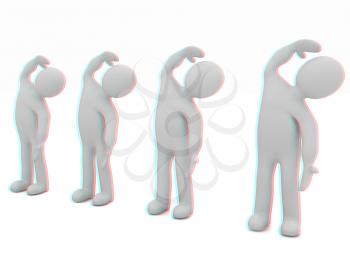 3d mans isolated on white. Series: morning exercises - flexibility exercises and stretching . 3D illustration. Anaglyph. View with red/cyan glasses to see in 3D.