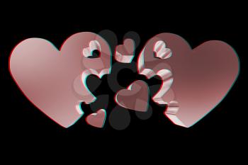 3d hearts family concept. 3D illustration. Anaglyph. View with red/cyan glasses to see in 3D.