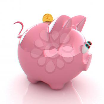 Piggy bank with gold coin on white. 3D illustration. Anaglyph. View with red/cyan glasses to see in 3D.