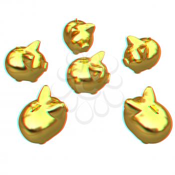 gold coin with with the gold piggy banks. 3D illustration. Anaglyph. View with red/cyan glasses to see in 3D.