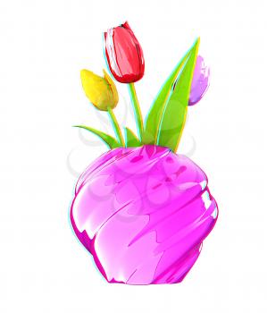 Tulips with leaf in vase. 3D illustration. Anaglyph. View with red/cyan glasses to see in 3D.