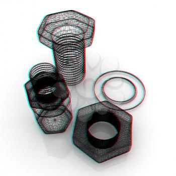 bolts with a nuts and washers. 3D illustration. Anaglyph. View with red/cyan glasses to see in 3D.