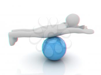 3d man exercising position on fitness ball. My biggest pilates series. 3D illustration. Anaglyph. View with red/cyan glasses to see in 3D.