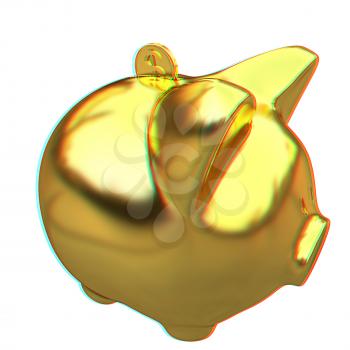 gold coin with with the gold piggy bank . 3D illustration. Anaglyph. View with red/cyan glasses to see in 3D.
