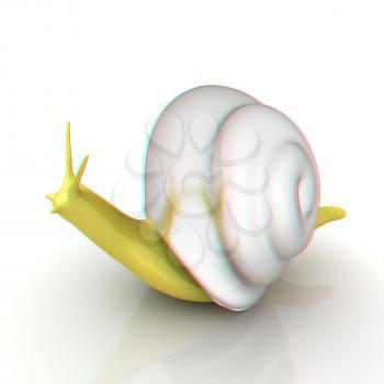 3d fantasy animal, snail on white background . 3D illustration. Anaglyph. View with red/cyan glasses to see in 3D.