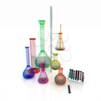 Chemistry set, with test tubes, and beakers filled with colored liquids. 3D illustration. Anaglyph. View with red/cyan glasses to see in 3D.