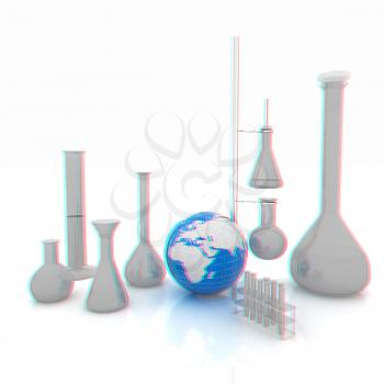 Chemistry set, with test tubes, and beakers filled with colored liquids and Earth. 3D illustration. Anaglyph. View with red/cyan glasses to see in 3D.