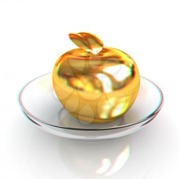 Gold apple on a plate. 3D illustration. Anaglyph. View with red/cyan glasses to see in 3D.