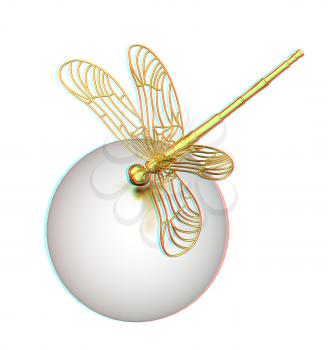 Dragonfly on abstract design sphere. 3D illustration. Anaglyph. View with red/cyan glasses to see in 3D.