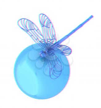 Dragonfly on abstract design sphere. 3D illustration. Anaglyph. View with red/cyan glasses to see in 3D.