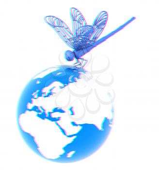 Dragonfly on earth. 3D illustration. Anaglyph. View with red/cyan glasses to see in 3D.