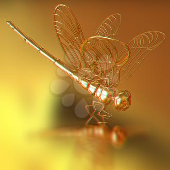 Gold dragonfly on a gold background. 3D illustration. Anaglyph. View with red/cyan glasses to see in 3D.