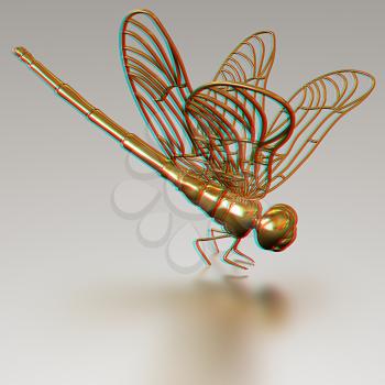 Gold dragonfly on a metall background. 3D illustration. Anaglyph. View with red/cyan glasses to see in 3D.