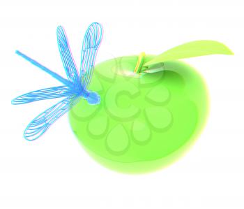 Dragonfly on apple. 3D illustration. Anaglyph. View with red/cyan glasses to see in 3D.