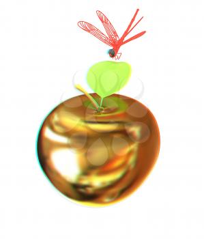 Dragonfly on gold apple. 3D illustration. Anaglyph. View with red/cyan glasses to see in 3D.