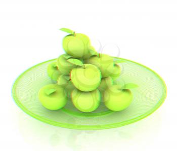 apples in a plate on white. 3D illustration. Anaglyph. View with red/cyan glasses to see in 3D.