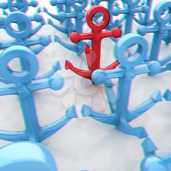 leadership concept with anchors. 3D illustration. Anaglyph. View with red/cyan glasses to see in 3D.