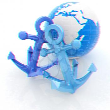 anchors and Earth. 3D illustration. Anaglyph. View with red/cyan glasses to see in 3D.
